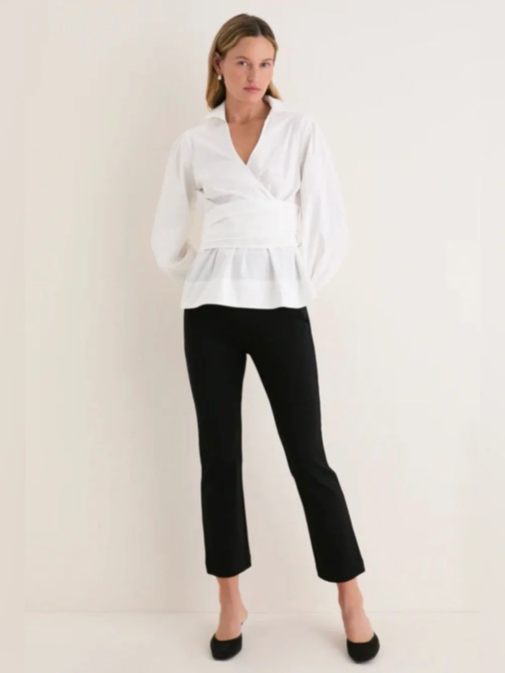 Tuckernuck Tie Front Bow Bea Blouse Wrap Waist Poplin Puff Sleeves- Women Size:M
